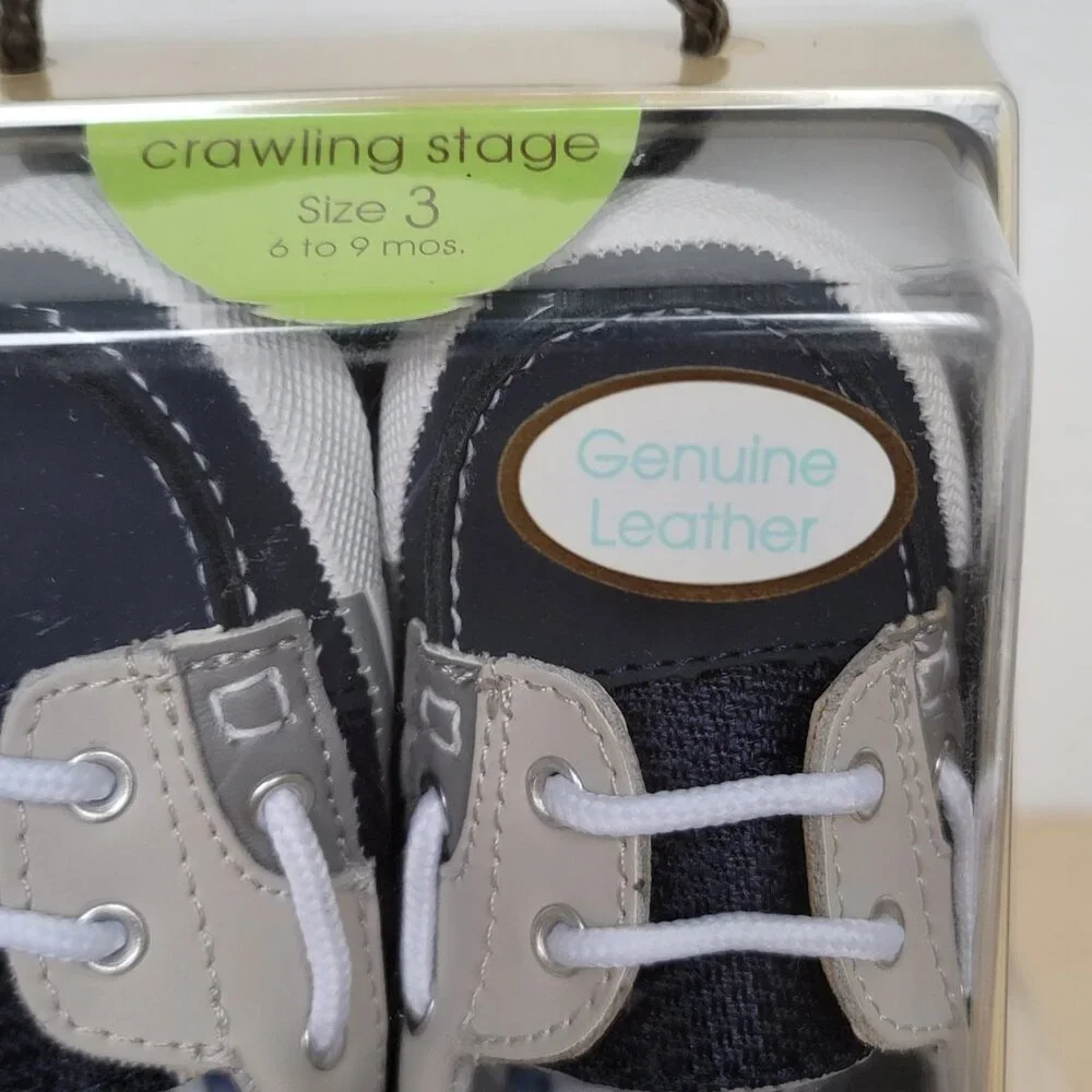 Trimfoot Co. Baby Boy Crawling Blue Beige Loafer Crib Shoes Size 3 6-9 Months
